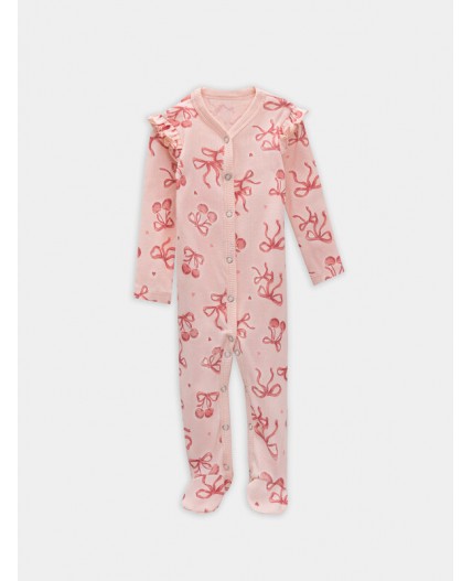 Комбинезон сердечки на белоснежном +бантики на персике