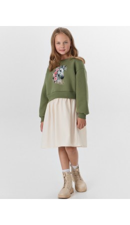 Платье зеленый +молочный +печать