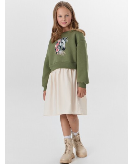 Платье зеленый +молочный +печать