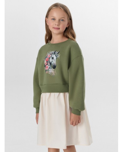 Платье зеленый +молочный +печать