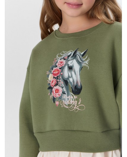 Платье зеленый +молочный +печать