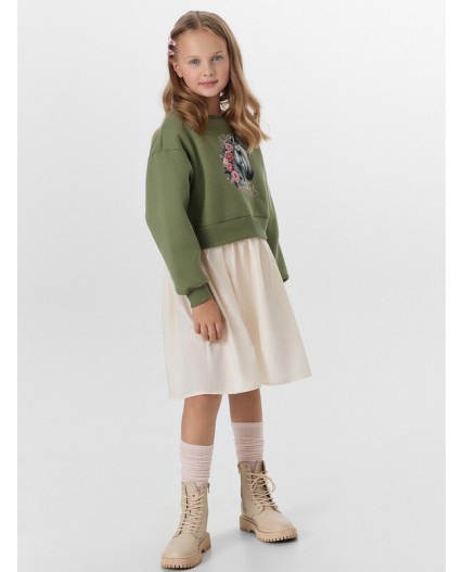 Платье зеленый +молочный +печать