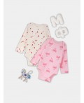 Боди сердечки на молочном +бантики на розовой сказке