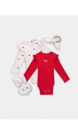 Боди красный +сердца на св.розовом