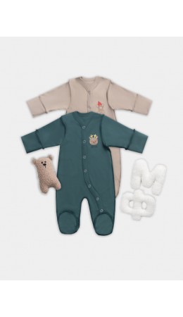 Комбинезон бежевый +изумруд +печать