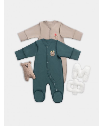 Комбинезон бежевый +изумруд +печать