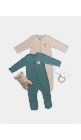 Комбинезон бежевый +изумруд +печать