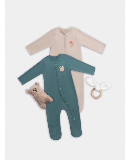 Комбинезон бежевый +изумруд +печать