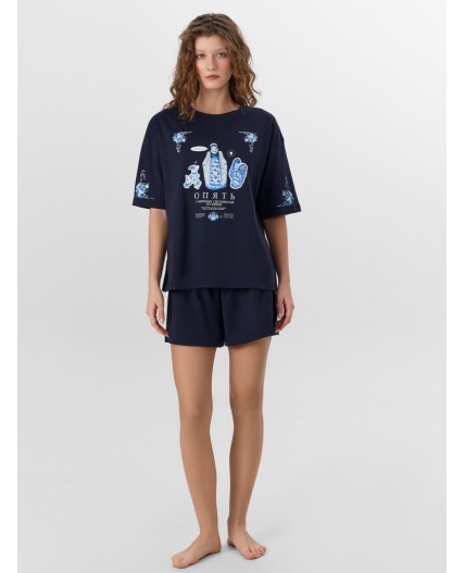 Пижама т.синий +печать