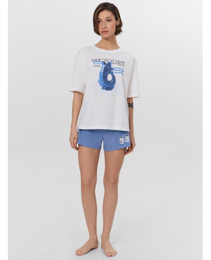 Пижама белый +синий +печать