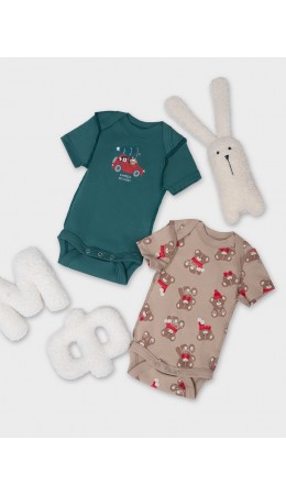 Боди НГ мишутки на бежевом +изумруд