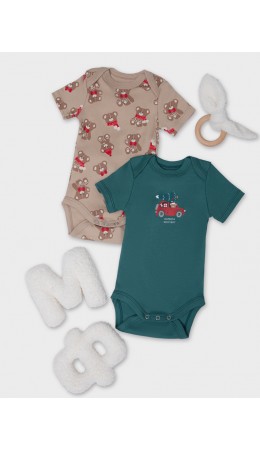 Боди НГ мишутки на бежевом +изумруд