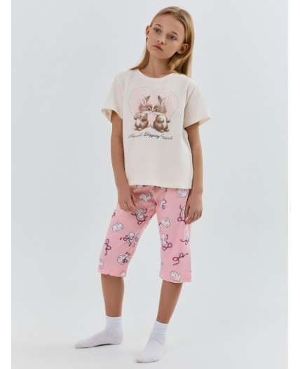 Комплект молочный +зайчики на розовом
