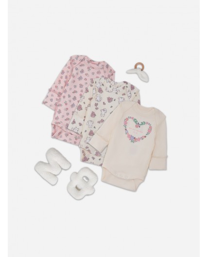 Боди молочный +котики с цветами на молочном +цветочки на розовом