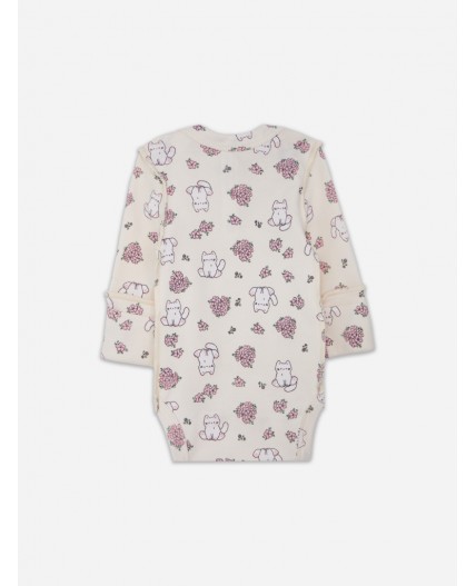 Боди молочный +котики с цветами на молочном +цветочки на розовом