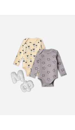 Боди барашки на абрикосовом +звездочки на сером