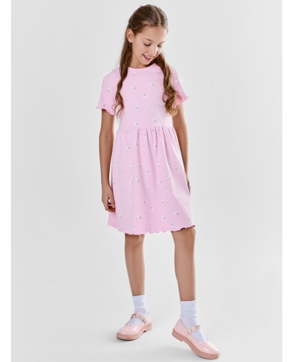 Платье цветочки на розовом