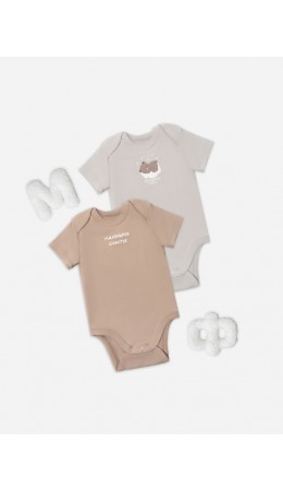 Боди серо-коричневый +бежевый +печать