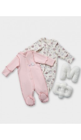 Комбинезон котики с цветами на молочном +розовый