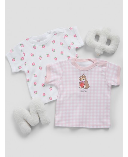 Джемпер розовая клетка на белом +клубничка на белом