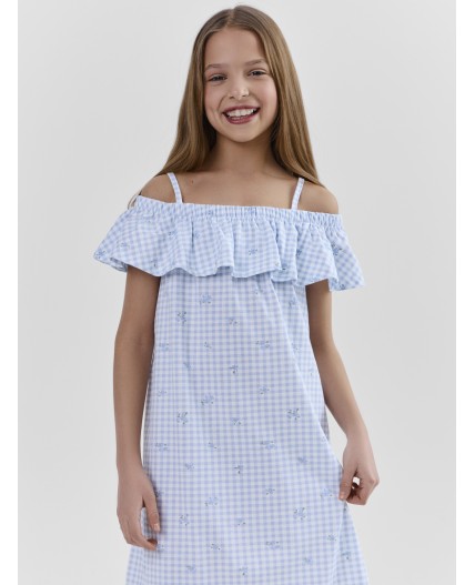 Сарафан цветы на голубой клетке