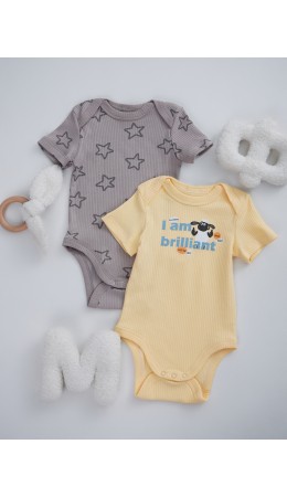 Боди абрикосовый щербет +звездочки на сером