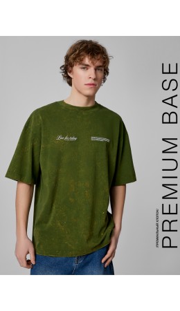Футболка ACID WASH т.зеленый +печать