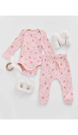 Комплект бантики и зайки на розовом