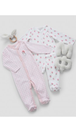 Комбинезон розовая клетка на белом +клубничка на белом