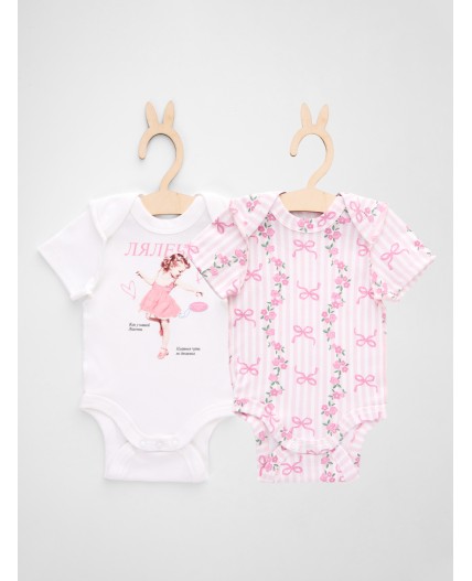Боди детское с принтом и узором в наборе, 2 шт Цвет: белый +цветочные бантики на белом