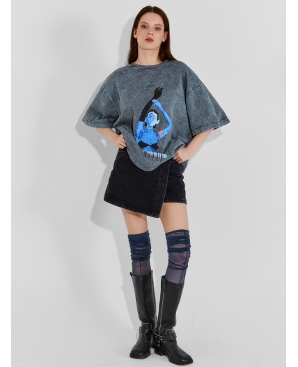 Футболка женская серая с принтом оверсайз Цвет: ACID WASH на железе +печать1