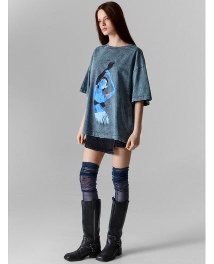 Футболка женская серая с принтом оверсайз Цвет: ACID WASH на железе +печать1