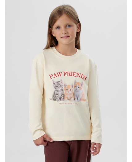 Лонгслив для девочек кремовый с принтом и надписью Paw friends Цвет: топленое молоко +печать