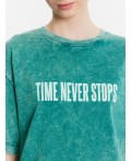 Футболка женская зеленая с обработкой эйсид и надписью time never stops Цвет: ACID WASH бирюзовый зеленый +печать