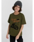 Футболка для мальчиков зеленая с принтом и надписью Vintage motosport Цвет: темная олива +печать