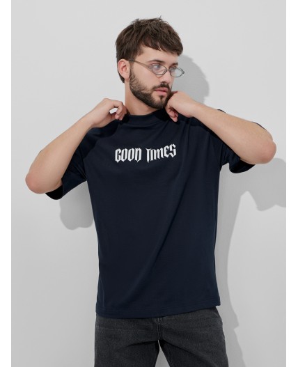 Футболка мужская синяя с надписью Good times Цвет: неви +печать1