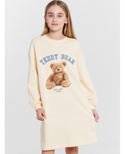 Платье для девочек бежевое с принтом Teddy bear Цвет: экрю +печать