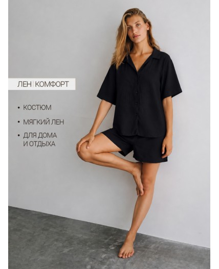 Комплект женский (жакет, шорты) черный изо льна и вискозы Цвет: черный