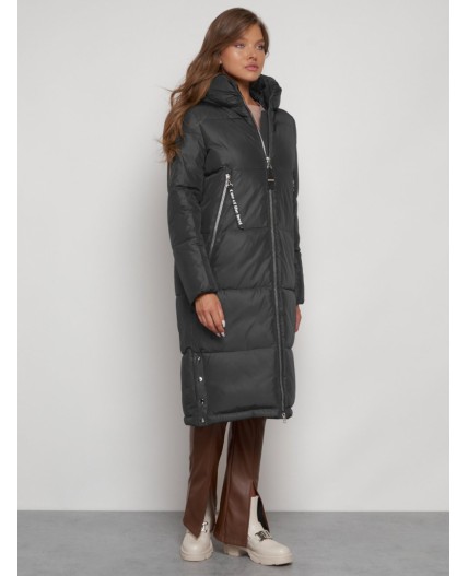 Пальто утепленное с капюшоном зимнее женское темно-серого цвета 13816TC