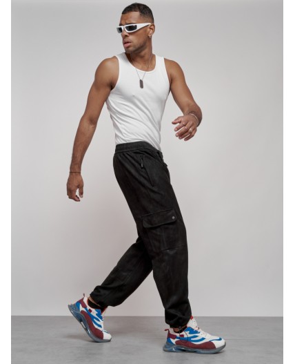 Спортивные мужские штаны из бархатного трикотажа черного цвета 12929Ch
