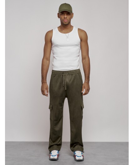 Спортивные мужские штаны из бархатного трикотажа цвета хаки 12929Kh
