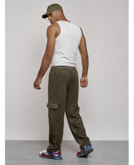Спортивные мужские штаны из бархатного трикотажа цвета хаки 12929Kh