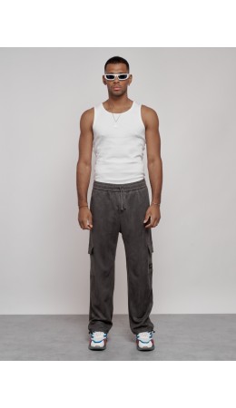 Спортивные мужские штаны из бархатного трикотажа серого цвета 12929Sr