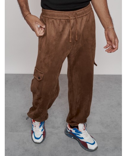 Спортивные мужские штаны из бархатного трикотажа коричневого цвета 12929K