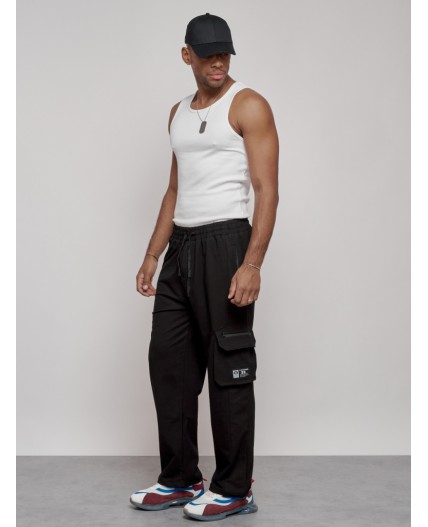 Широкие спортивные брюки трикотажные мужские черного цвета 12910Ch