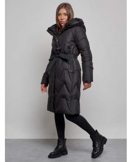 Пальто утепленное молодежное зимнее женское черного цвета 586828Ch