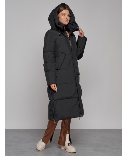 Пальто утепленное молодежное зимнее женское черного цвета 51119Ch