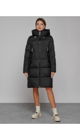 Пальто утепленное с капюшоном зимнее женское черного цвета 51155Ch