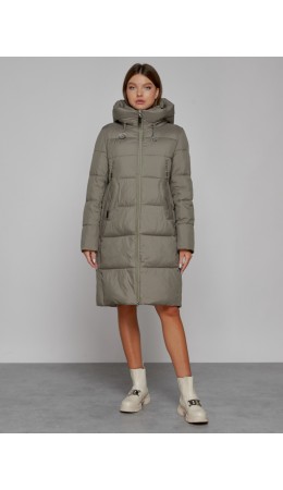 Пальто утепленное с капюшоном зимнее женское цвета хаки 51155Kh
