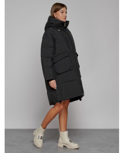 Пальто утепленное с капюшоном зимнее женское черного цвета 51139Ch